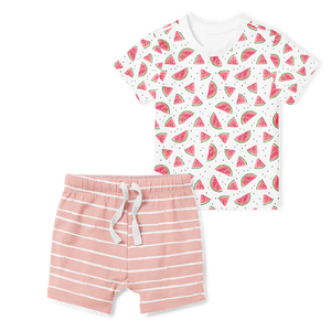 2-Piece T-Shirt/Shorts Set - Watermelon/Stripe Blush