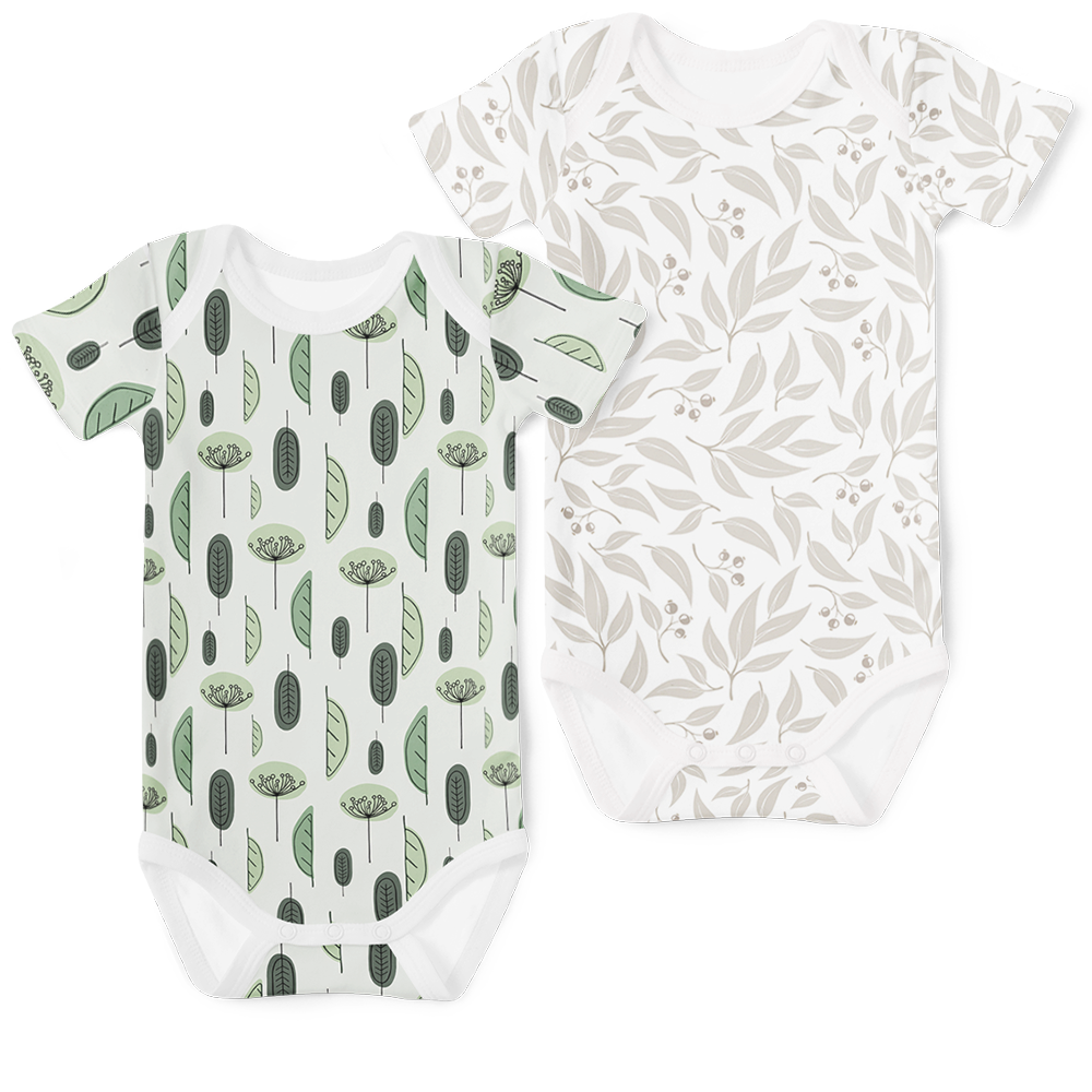 2-Piece Short Sleeve Onesie Set - Willow leaf and Green Leaves