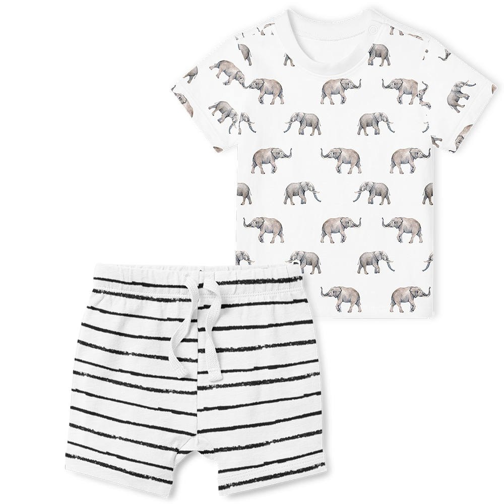 2-Piece T-Shirt/Shorts Set - Stripe White/Elephants