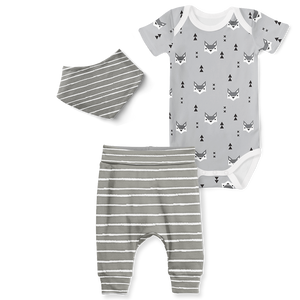 3-Piece Short Sleeve Onesie/Jogger/Bandana Set - Mr Fox/Stripe Grey