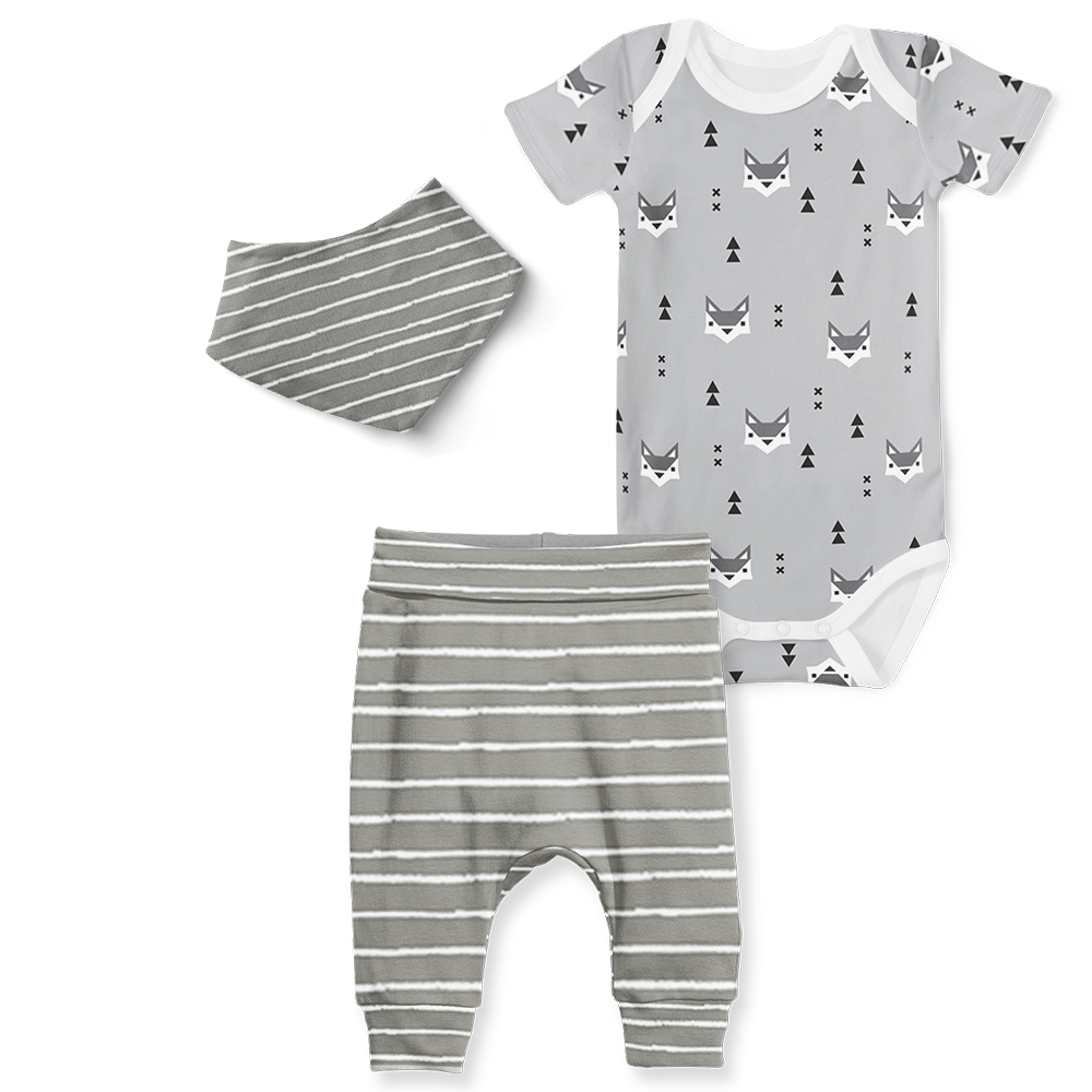 3-Piece Short Sleeve Onesie/Jogger/Bandana Set - Mr Fox/Stripe Grey