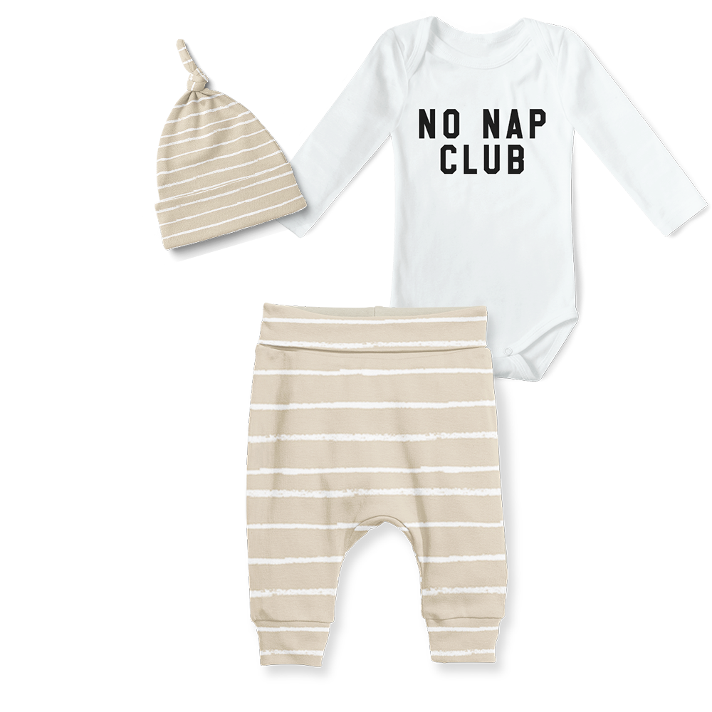 3-Piece Jogger/Onesie/Beanie Set - No Nap Club/Stripe Stone