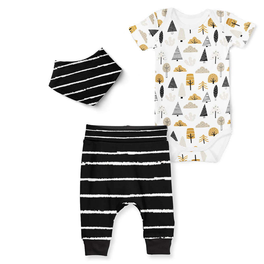 3-Piece Jogger/Onesie/Bandana Set - Mystic Woods/Stripe Black