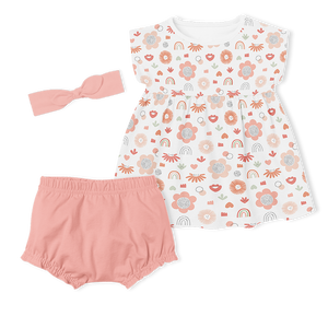 3-Piece Dress/Nappy cover Pants/Headband Set - Poppy/ Peach
