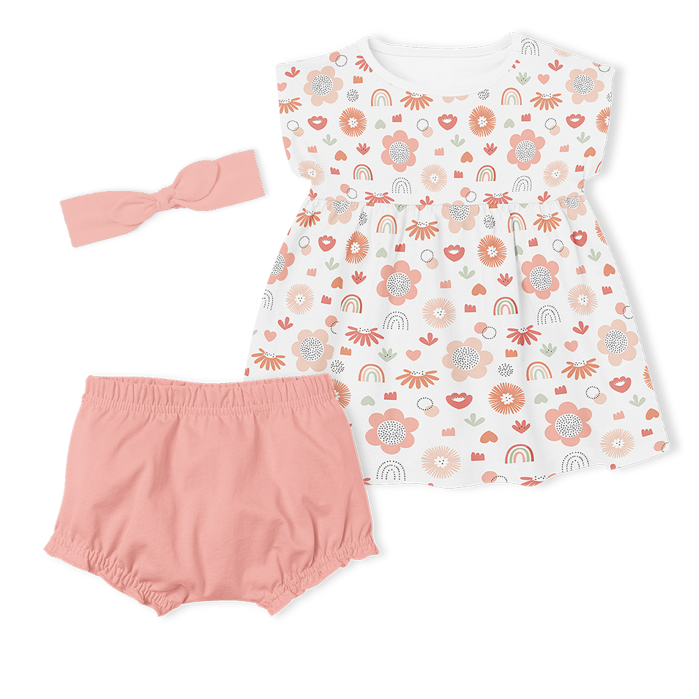 3-Piece Dress/Nappy cover Pants/Headband Set - Poppy/ Peach