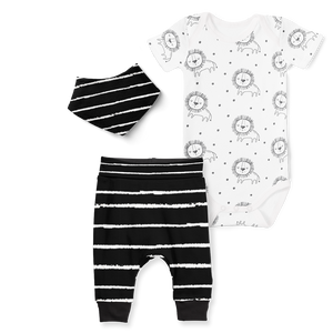 3-Piece Short Sleeve Onesie/Jogger/Bandana Set - Sleepy Lions and Stripe Black