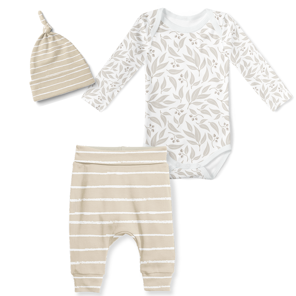 3-Piece Jogger/Onesie/Beanie Set - Stripe Stone/Willow Leaf Stone