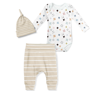 3-Piece Jogger/Onesie/Beanie Set - Playful Cross and Stripe Stone