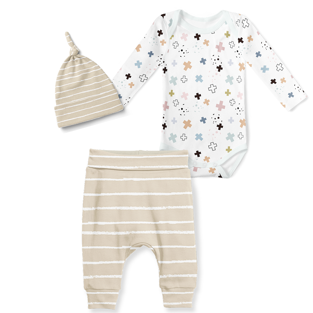 3-Piece Jogger/Onesie/Beanie Set - Playful Cross and Stripe Stone