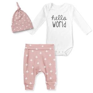 3-Piece Jogger/Onesie/Beanie Set - Hello World/ Cross Pink