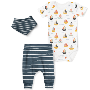 3-Piece Short Sleeve Onesie/Jogger/Bandana Set - Sail Boats/Stipe Midnight