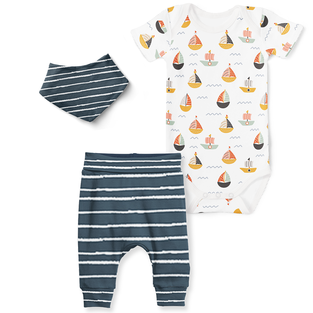 3-Piece Short Sleeve Onesie/Jogger/Bandana Set - Sail Boats/Stipe Midnight