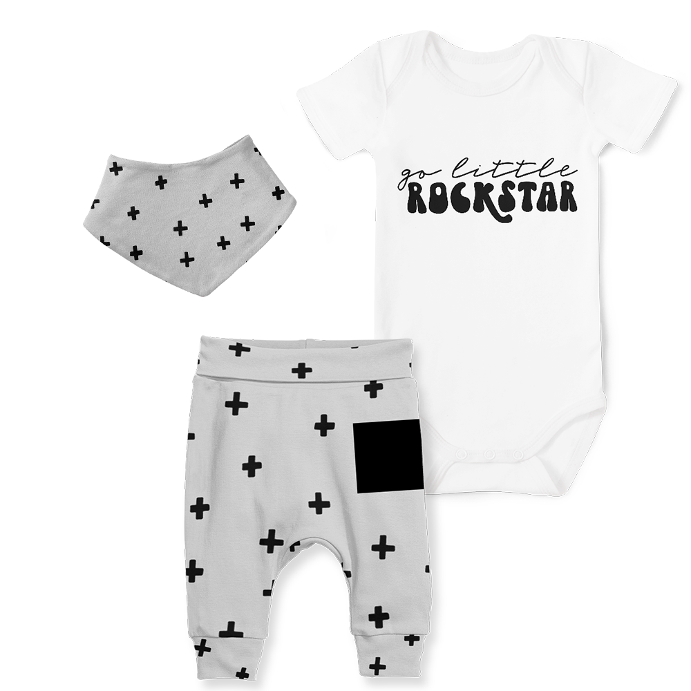 3-Piece Jogger/Onesie/Bandana Set - Go Little Rockstar/ Cross Grey Rock N Roll