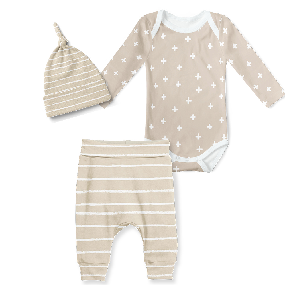 3-Piece Jogger/Onesie/Beanie Set - Stripe Stone/ Cross Stone