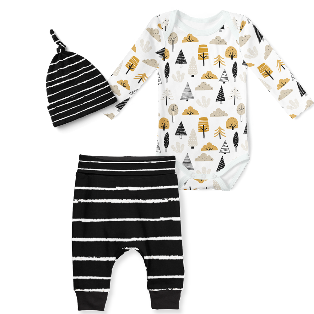 3-Piece Jogger/Onesie/Beanie Set - Mystic woods and Black Stripe