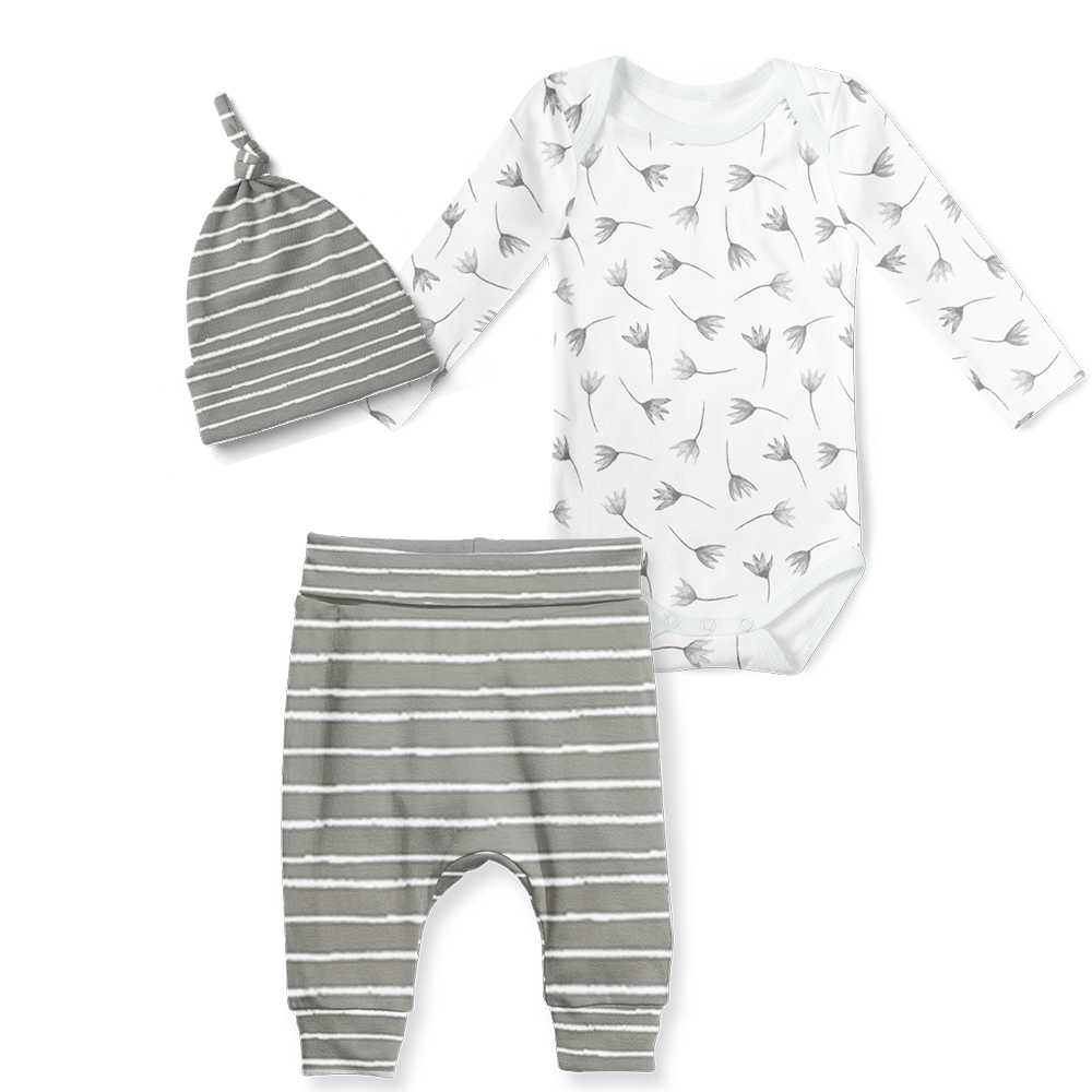 3-Piece Jogger/Onesie/Beanie Set - Stripe Grey/ Painted Flower Grey