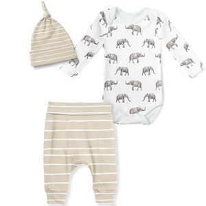 3-Piece Jogger/Onesie/Beanie Set - Elephants/ Stripe Stone
