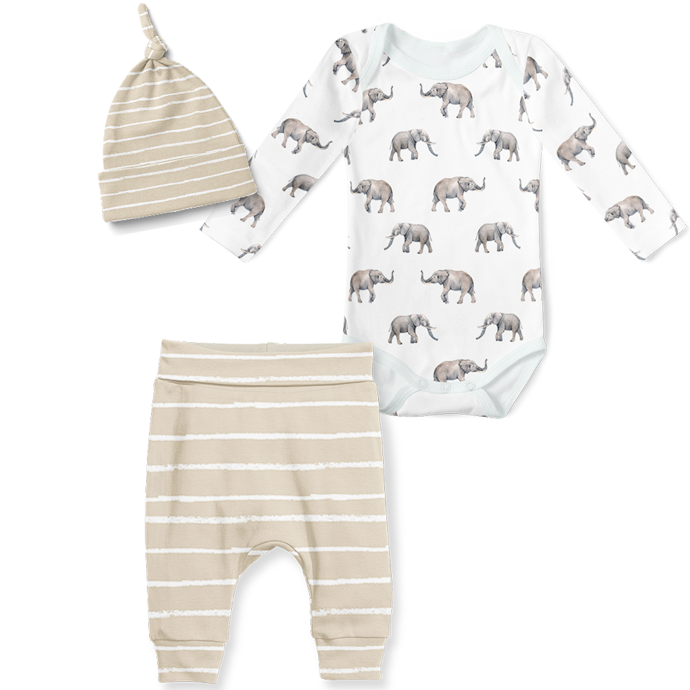 3-Piece Jogger/Onesie/Beanie Set - Elephants/ Stripe Stone