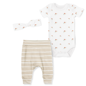 3-Piece Short Sleeve Onesie/Jogger/Headband Set - Autumn Floral/Stripe Stone