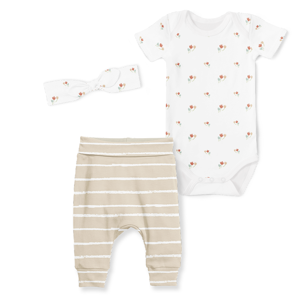 3-Piece Short Sleeve Onesie/Jogger/Headband Set - Autumn Floral/Stripe Stone