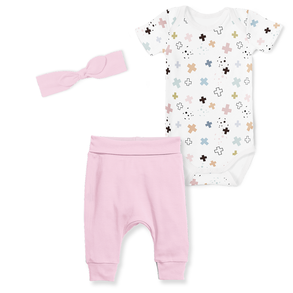 3-Piece Jogger/Onesie/Headband Set - Playful Cross/Pink