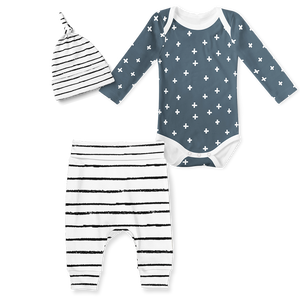 3-Piece Jogger/Onesie/Beanie Set - Cross midnight and Stripe White