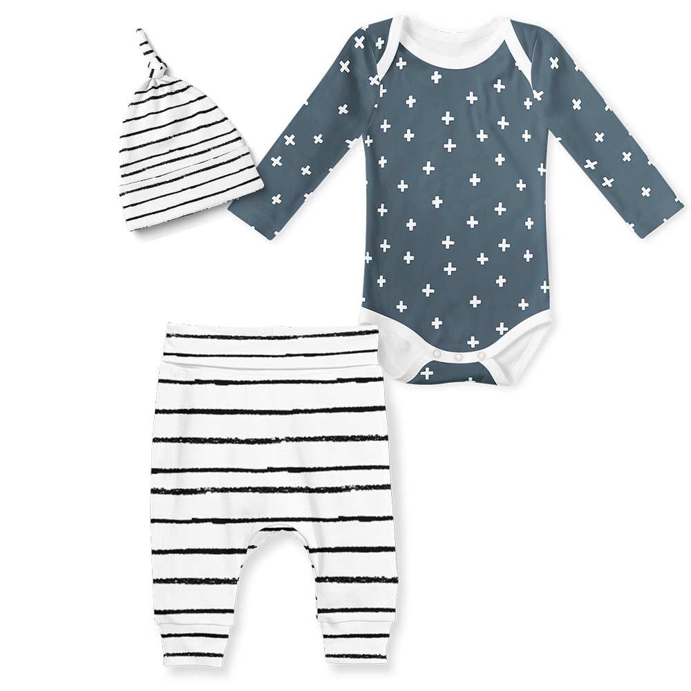 3-Piece Jogger/Onesie/Beanie Set - Cross midnight and Stripe White