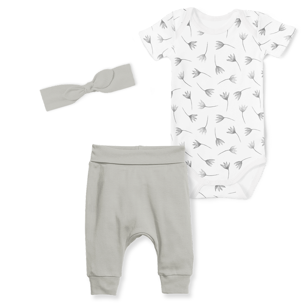 3-Piece Jogger/Onesie/Headband Set - Painted Flowers Grey/ Grey