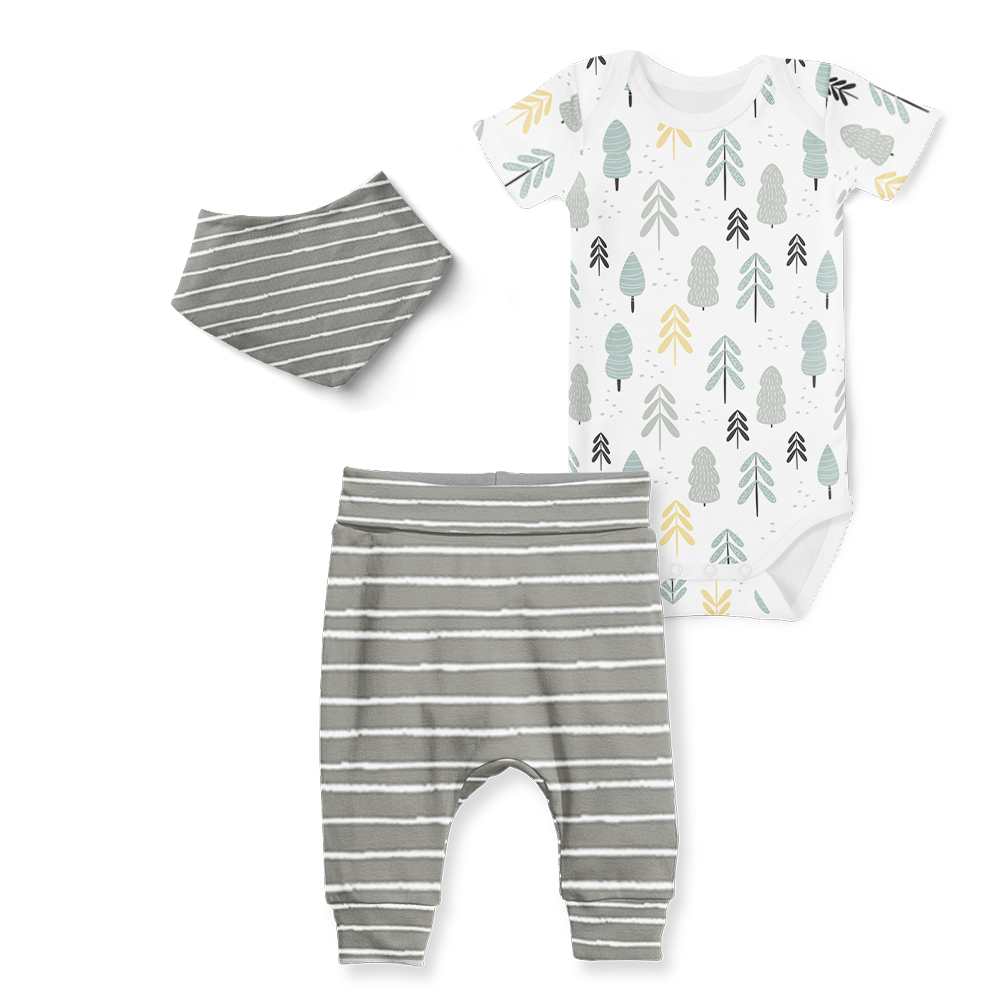 3-Piece Jogger/Onesie/Bandana Set - Forest/Stripe Grey