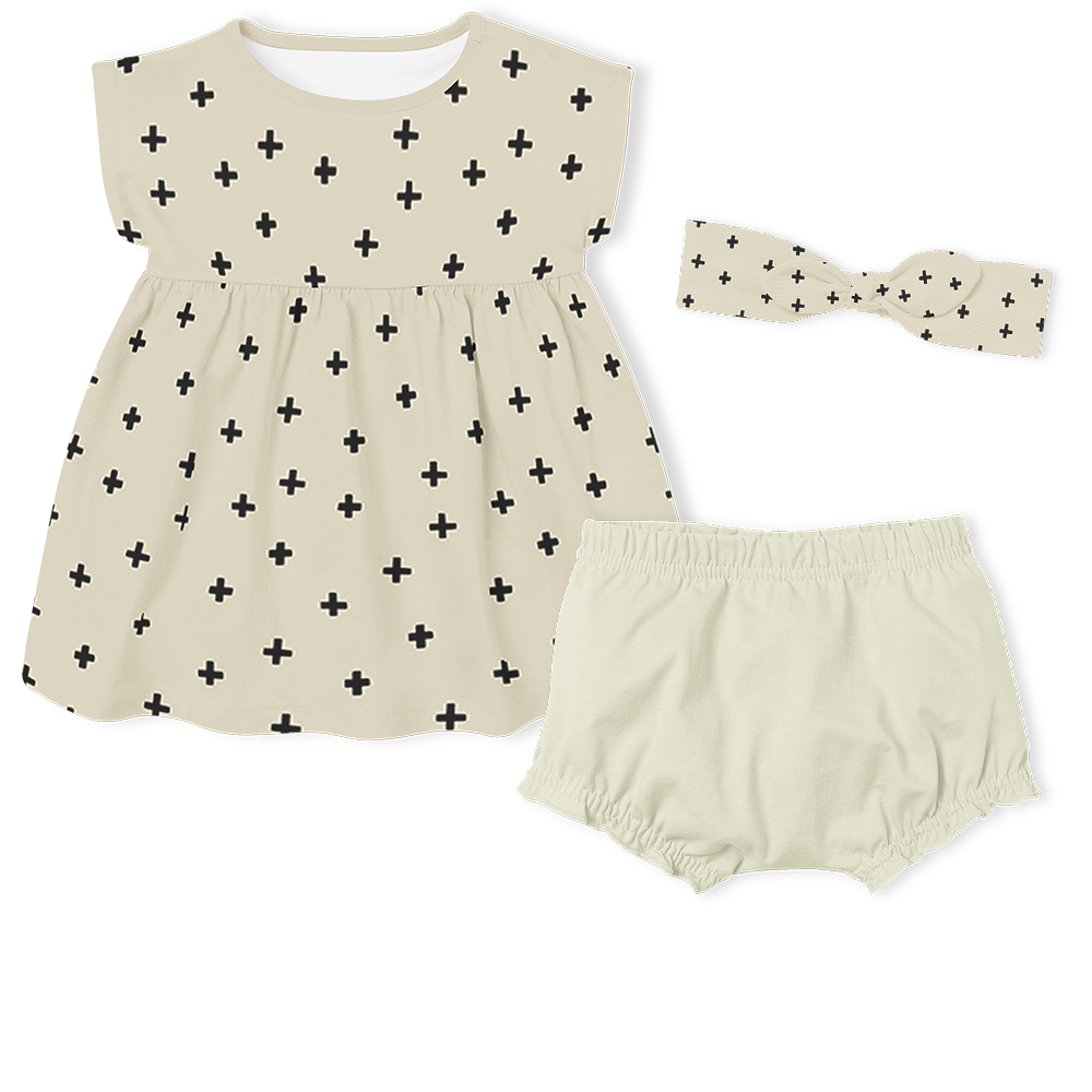 3-Piece Dress/Nappy cover Pants/Headband Set - Cross Stone/Black