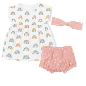 3-Piece Dress/Nappy cover Pants/Headband Set - Rainbows