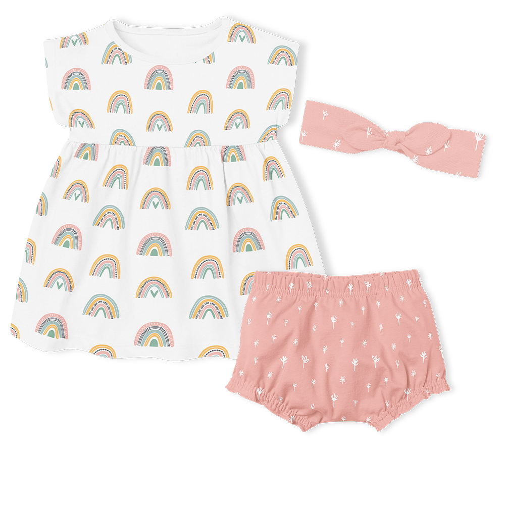 3-Piece Dress/Nappy cover Pants/Headband Set - Rainbows