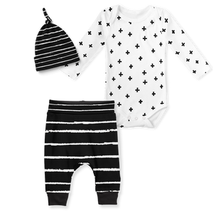 3-Piece Jogger/Onesie/Beanie Set - Stripe Black/ Cross Black