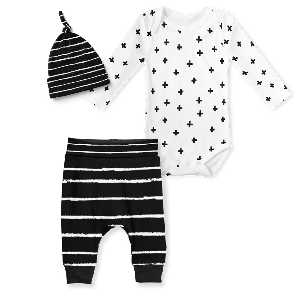 3-Piece Jogger/Onesie/Beanie Set - Stripe Black/ Cross Black