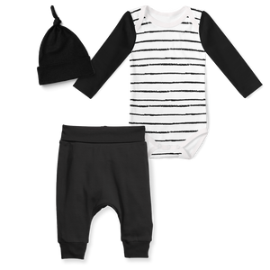 3-Piece Jogger/Onesie/Beanie Set - Stripe White/Black