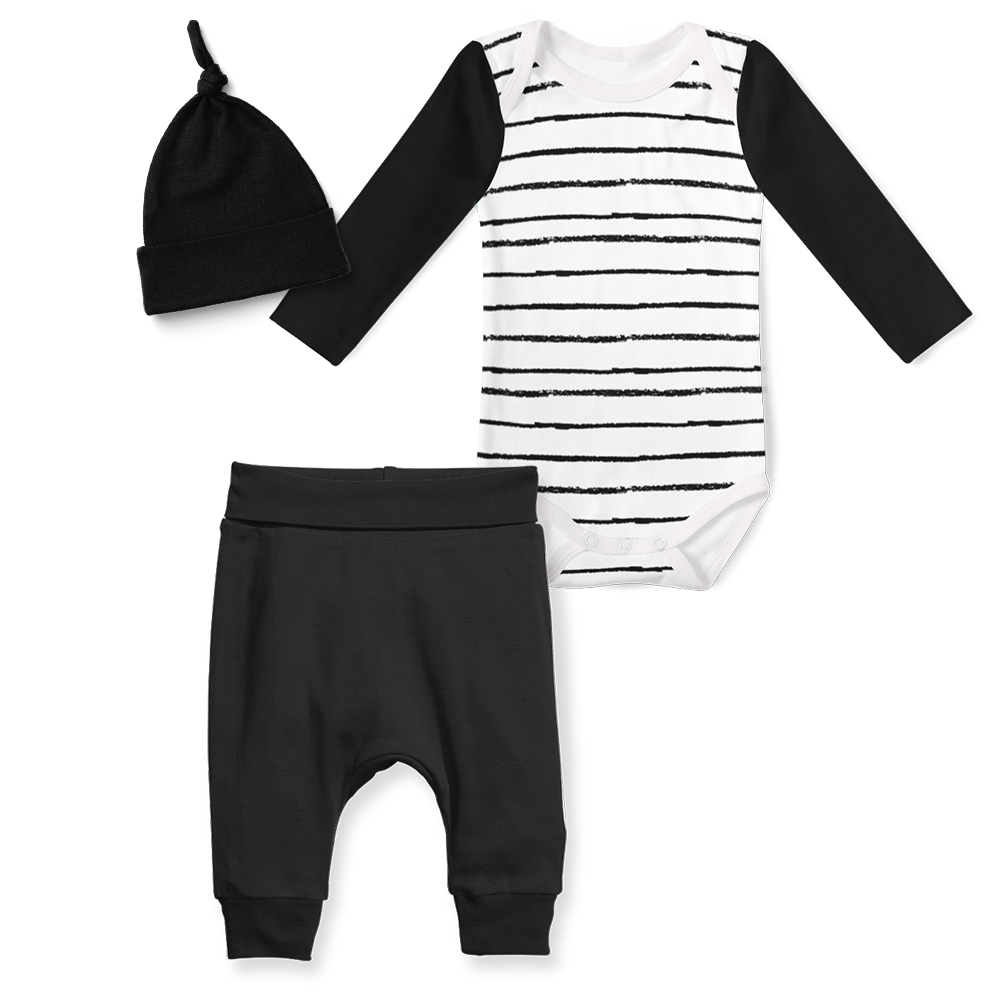 3-Piece Jogger/Onesie/Beanie Set - Stripe White/Black