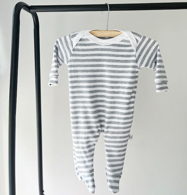 Baby Basics - Footed Romper - Lines Grey and White