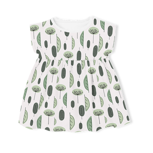 Muslin Summer Dress with Frill Sleeve - Green Leaves