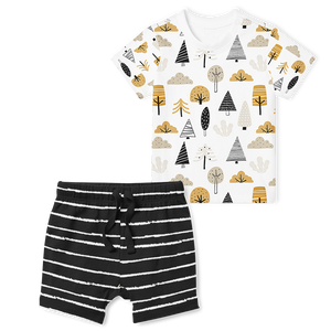 2-Piece T-Shirt/Shorts Set - Mystic Woods and Stripe Black