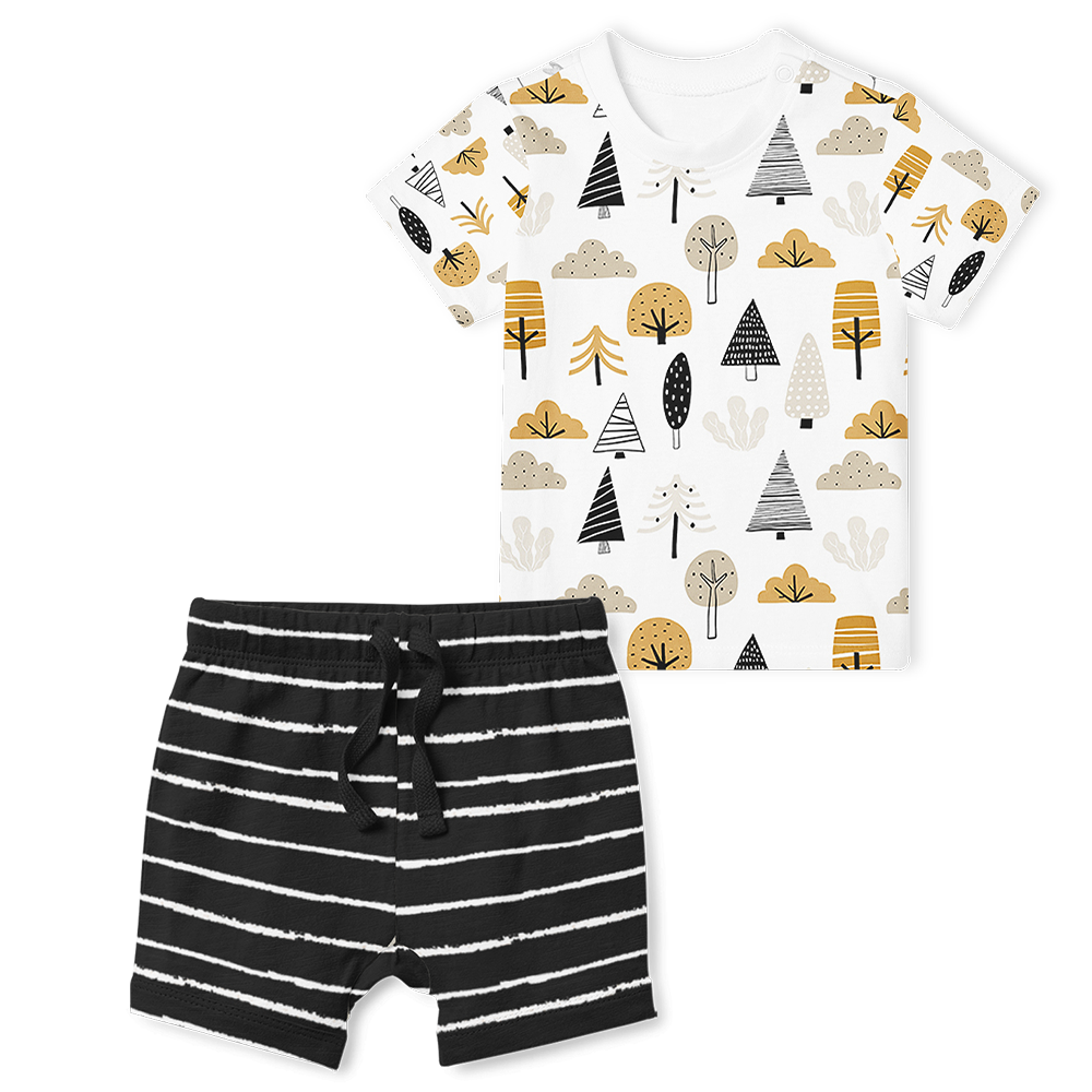 2-Piece T-Shirt/Shorts Set - Mystic Woods and Stripe Black