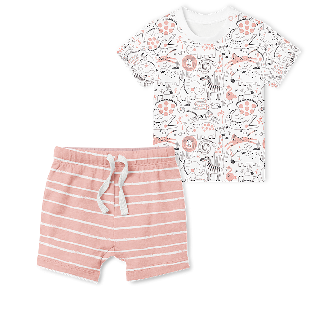 2-Piece T-Shirt/Shorts Set - Menagerie/Stripe Pink
