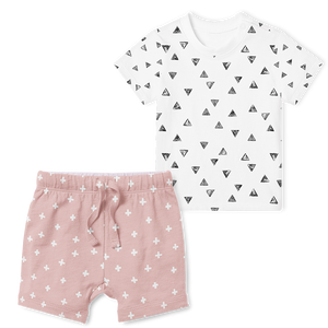 2-Piece T-Shirt/Shorts Set - Cross Pink/Painted Triangles