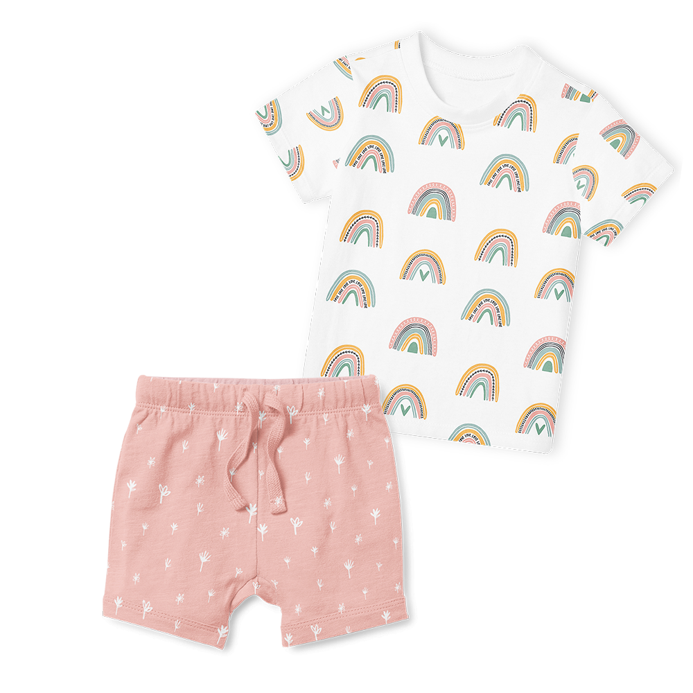 2-Piece T-Shirt/Shorts Set - Rainbow/Stripe Blush