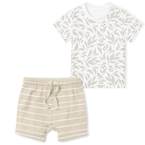 2-Piece T-Shirt/Shorts Set - Willow Leaf Stone/ Stripe Stone