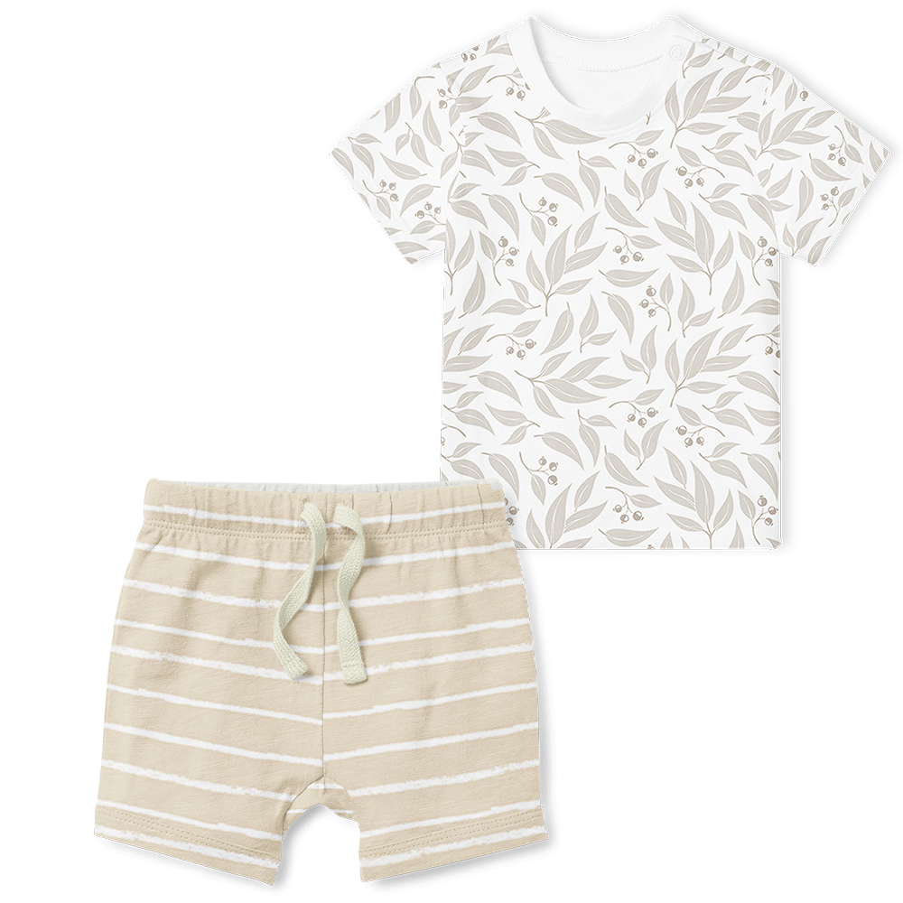 2-Piece T-Shirt/Shorts Set - Willow Leaf Stone/ Stripe Stone
