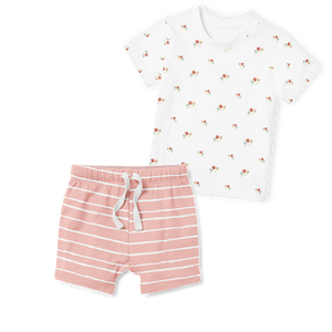 2-Piece T-Shirt/Shorts Set - Autumn Floral/Stripe Blush