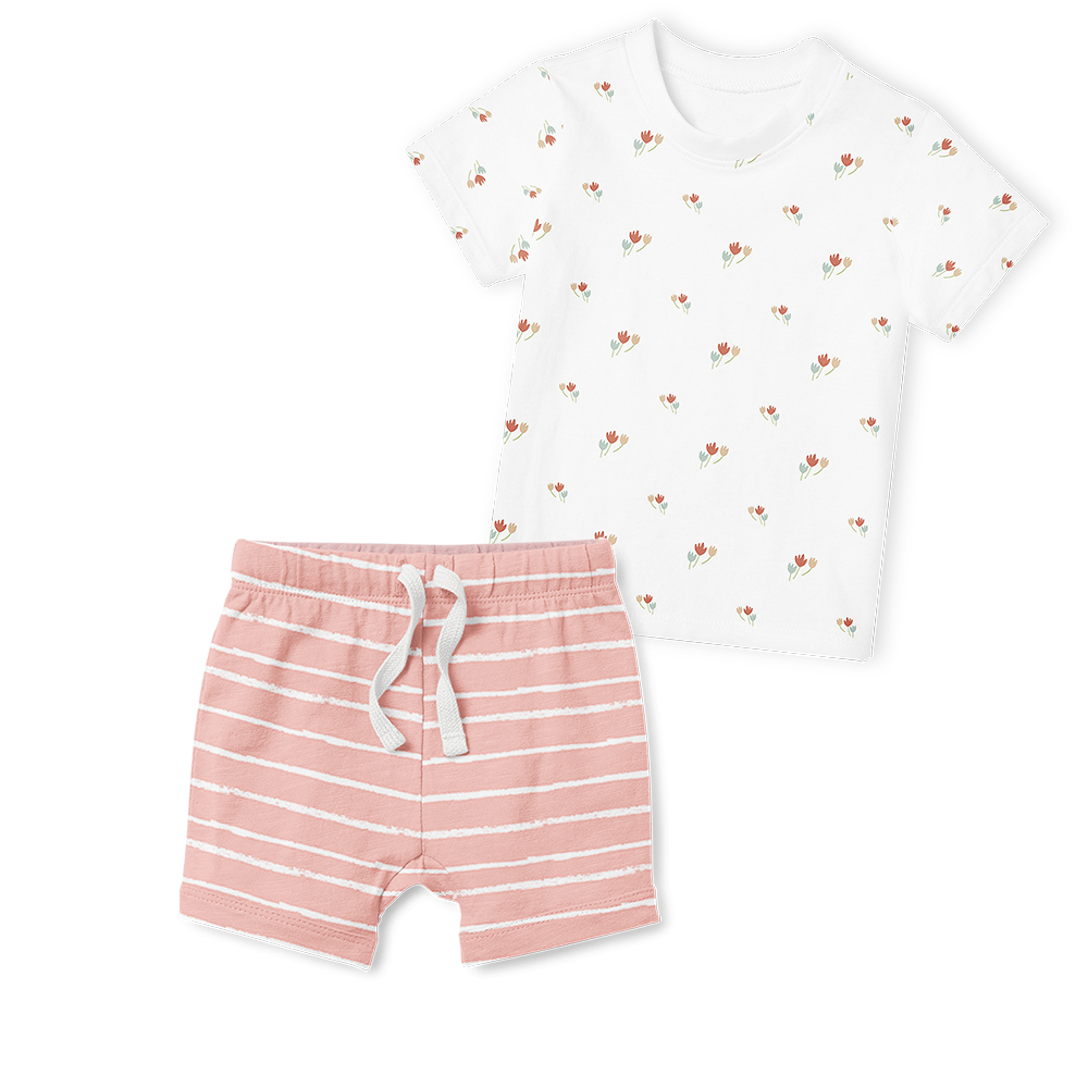 2-Piece T-Shirt/Shorts Set - Autumn Floral/Stripe Blush